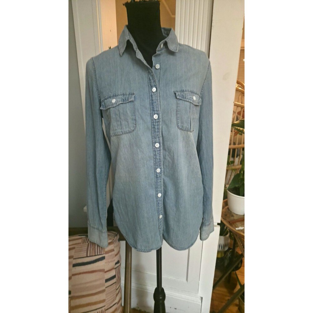 J.CREW Women’s Blue Solid Denim Collared Button-Up Long Sleeve Pockets 6